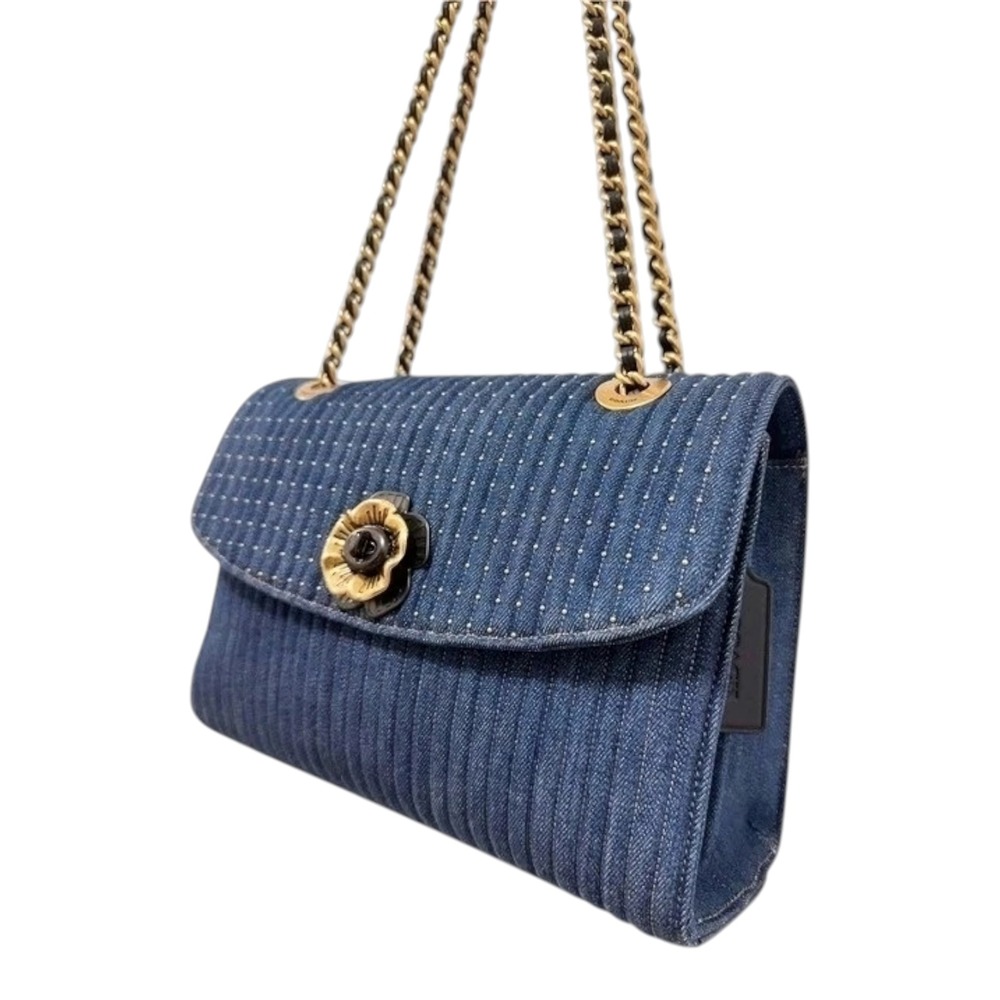 Coach Parker Shoulder Bag Quilted Denim Blue Rivets Tea Rose 68222 - Picture 3 of 8